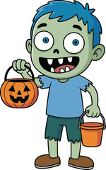 Cute cartoon zombie boy holding Halloween pumpkin candy bucket, funny child costume character, spooky trick or treat illustration design