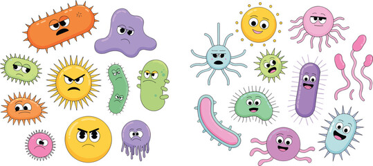 Cute colorful bacteria and virus cartoon characters illustration, funny germs and microbes with expressions, science biology education concept background
