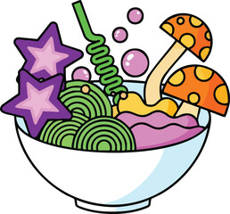 Whimsical Bowl Of Noodles With Colorful Star Shaped Garnish And Mushroom Toppings On White Background