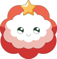 Cute kawaii cartoon cloud face with star decoration, adorable smiling character illustration, colorful children design, cheerful emoji style artwork