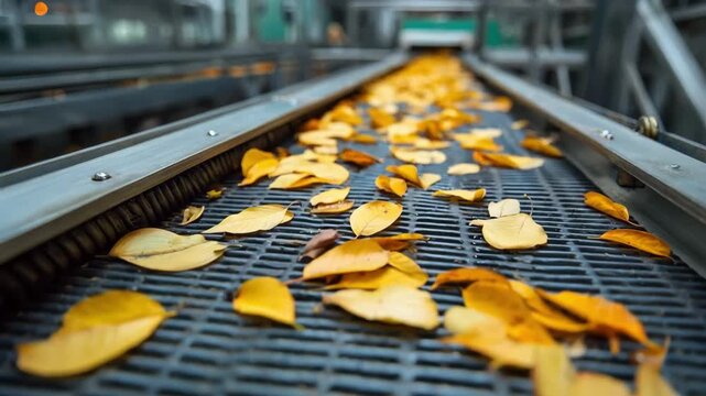 Closeup of an adaptive conveyor belt dynamically shifting leaves using embedded sensors to enhance throughput and reduce manual intervention