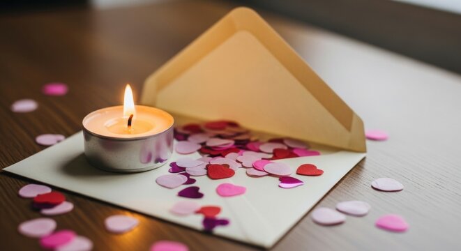 Romantic scene with a lit candle, open envelope, and heart confetti on a wooden table