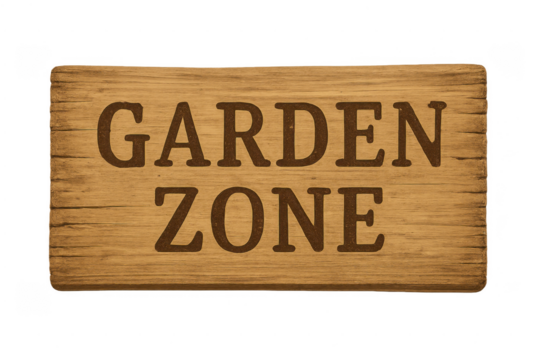 Wooden garden zone sign with carved text