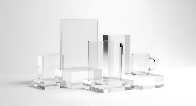 Minimalist composition of transparent acrylic blocks on white background.