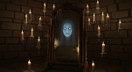 Eerie Ghostly Apparition Reflected in a Haunted Mirror Surrounded by Flickering Candles.