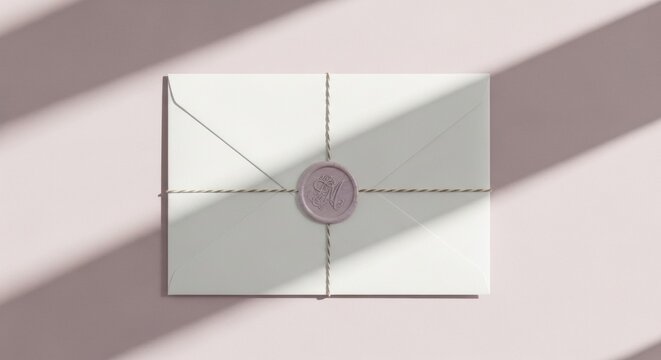 Elegant white envelope with purple wax seal and twine on pink background with shadows