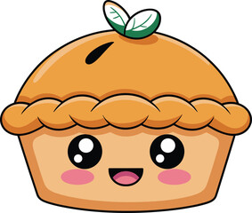 Cute smiling cartoon pie with kawaii face, adorable dessert illustration, sweet bakery food design, cheerful character for Thanksgiving and autumn celebration