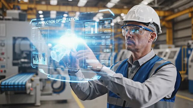 Industrial Engineer Reviews Blueprints on Tablet in Front of Futuristic Machine or Device, Perfect for Backgrounds in Construction, Engineering, and Technology Company Presentations.