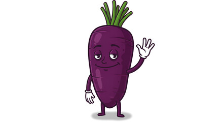 Funny purple carrot character waving hello with a relaxed expression.