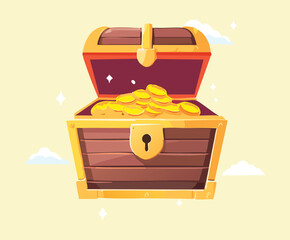 Illustration of a wooden treasure chest filled with glowing gold coins and gems, adventure and wealth game asset design