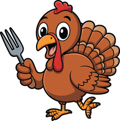 Funny cartoon turkey holding fork for Thanksgiving celebration, cheerful bird character illustration, holiday humor concept, festive poultry mascot artwork