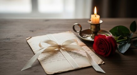Vintage love letter with red rose and burning candle on wooden table