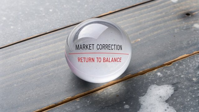 Crystal ball with text market correction and return to balance on a wooden surface representing financial analysis and predictions