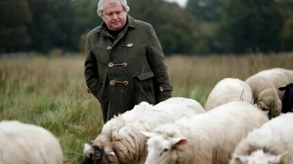 Medium shot of an expert inspecting heritage ovine sheep in a pasture emphasizing preservation of rare sheep breeds.