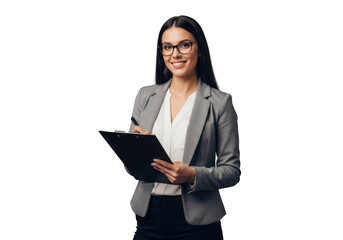 Fototapeta premium Confident businesswoman holding clipboard and smiling, isolated on transparent background
