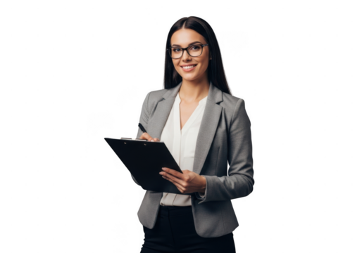 Confident businesswoman holding clipboard and smiling, isolated on transparent background