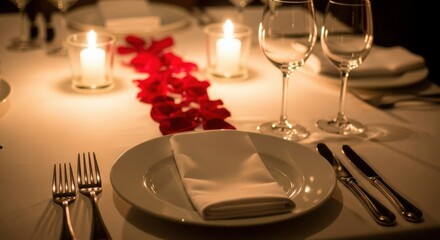 Romantic dinner table setting with candles and red rose petals for a special occasion
