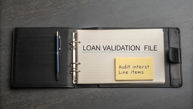 Document folder featuring loan validation file with sticky note for audit interest and line items on a dark surface