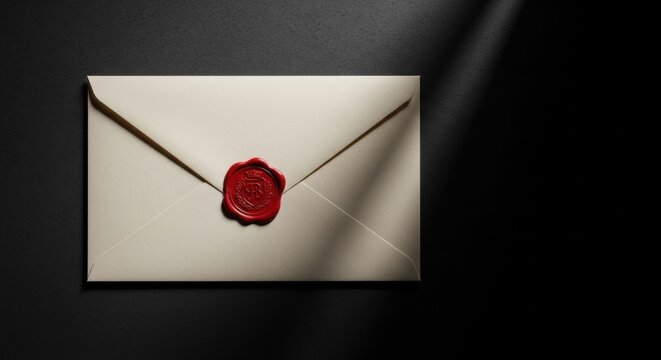 A beige envelope with a red wax seal on a dark surface illuminated by a beam of light