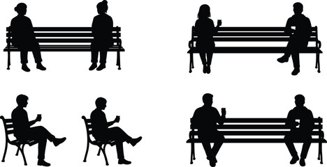 People, bench, silhouette, conversation, interaction, social, park, public, relax, sit, talk, gesture, black, icon, illustration, pair, posture, minimal, scene, communication