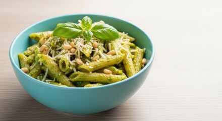 Penne pasta with green pesto sauce, parmesan cheese, pine nuts, and fresh basil
