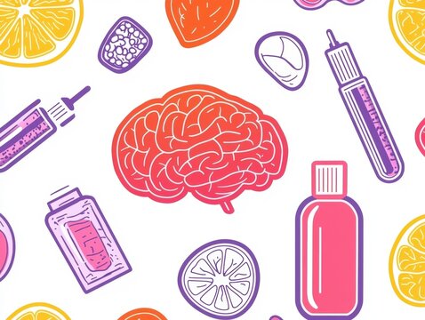 Playful and Colorful Doodles Featuring a Brain, Medical Tools, and Hypoxi Elements for Creative Designs