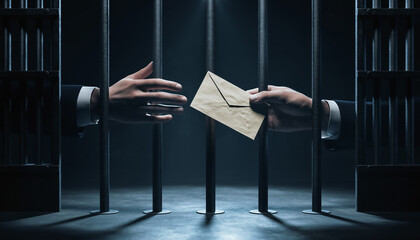 Close-up of hands secretly exchanging a plain envelope through menacing prison bars, symbolizing corruption, bribery, and manipulation within the justice system.