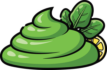 Green Creamy Food With Spinach and Lemon Slice In Cartoon Style