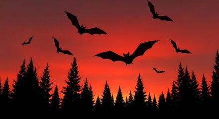 Bats Silhouetted Against a Fiery Sunset Sky Above Forest Trees.