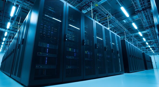 Professional data center room with dark server racks, powerful computing, and advanced network infrastructure