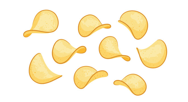 Numerous yellow potato chips with a crispy texture, randomly arranged and isolated on a clean white background, perfect for snack themes.
