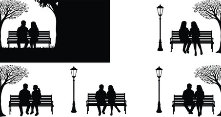 Couple, bench, silhouette, tree, streetlamp, park, sit, relax, romantic, black, icon, illustration, love, peaceful, scene, nature, shadow, outdoor, mood, composition