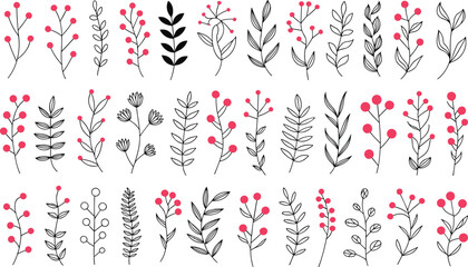 Minimal botanical line art collection with red berries and leaves, elegant floral doodles, modern decorative plant elements for design