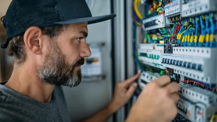 Medium shot of a technician configuring a smart home security system with firewall and encryption settings for IoT device protection.