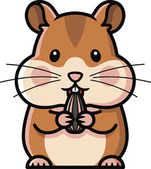 A charming, head-on cartoon illustration of a hamster sitting and actively nibbling on a sunflower seed, highlighting its characteristic eating posture.