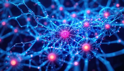 Stunning neural network visualization, complex data streams, vibrant blue and pink, illuminating connections, digital brain, artificial intelligence concept