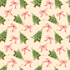 Seamless pattern with watercolor Christmas tree and red ribbon. Suitable for print, textile, background.