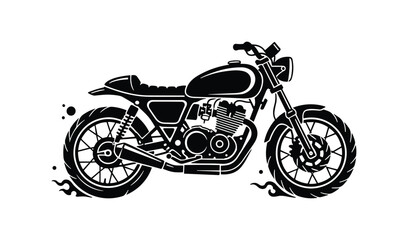 A black silhouette illustration of a classic cafe racer motorcycle with subtle flame details