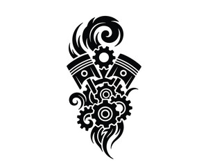 Obraz premium A mechanical tribal tattoo design featuring engine pistons and gears surrounded by swirling flames