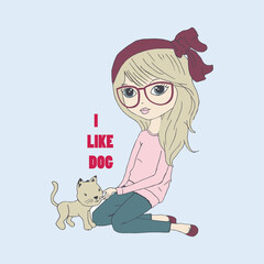 free vector cute girl and dog t-shirt design.