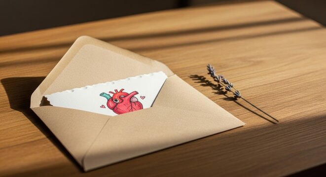 Open brown envelope with a winking cartoon anatomical heart card and dried lavender on a wooden table