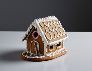 Gingerbread house sits on white surface against gray backdrop, showcasing intricate icing details and festive holiday spirit.