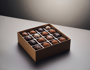Assorted chocolate truffles arranged in a square box on a gray table under soft lighting, creating an elegant and tempting dessert presentation.