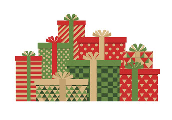 Festive Stack of Christmas Presents with Green and Red Patterns.