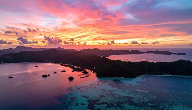 Vibrant Tropical Island Sunset With Lush Green Foliage Overlooking Calm Turquoise Waters And Distant Islands Under A Fiery Orange And Pink Sky