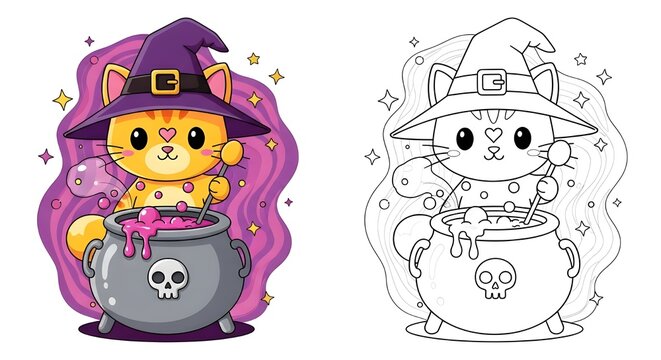 Adorable cartoon cat witch stirring a magic potion in a cauldron Halloween illustration