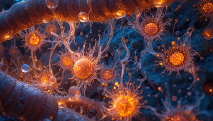 Stunning microscopic view of glowing cells and intricate neural networks, illustrating advanced scientific concepts and biological processes in vibrant detail