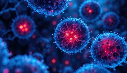 Detailed conceptual rendering of virus cells with spiky surface and glowing red core, perfect for medical research and healthcare communications