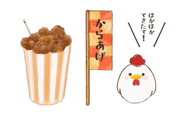 カップ唐揚げとのぼり、にわとりのイラストセット