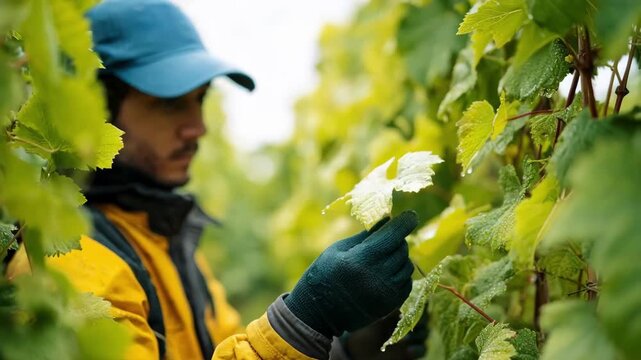 Medium shot of a vineyard worker inspecting grape leaves closely for powdery mildew symptoms on healthy vines under natural light.